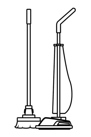 cleaning and hygiene equipment vacuum cleaner and broom icon cartoon in black and white vector illustration graphic designのイラスト素材