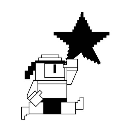 Videogame pixelated ninja character jumping to star vector illustration graphic designのイラスト素材