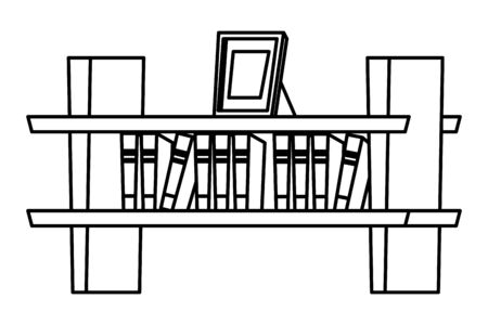 bookshelf on the wall with portrait frame icon cartoon in black and white vector illustration graphic designのイラスト素材