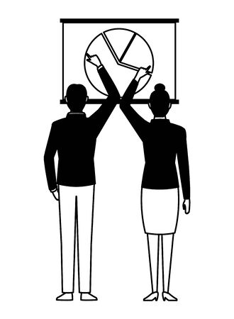 business people businessman and businesswoman back view pointing a data chart avatar cartoon character in black and whiteのイラスト素材