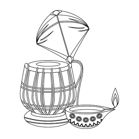 Indian tabla drum with kite and oil candle vector illustration graphic designのイラスト素材