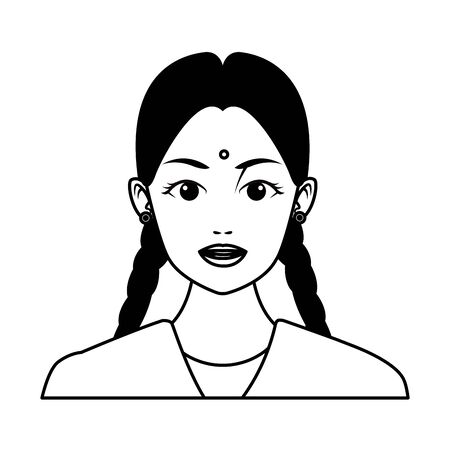 indian young girl face with bindi and braid profile picture avatar cartoon character portrait in black and white vector illustration graphic designのイラスト素材