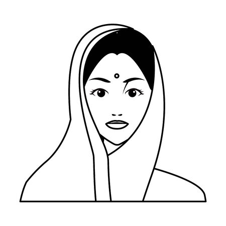 indian woman face with hiyab profile picture avatar cartoon character portrait in black and white vector illustration graphic designのイラスト素材