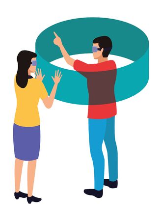 virtual reality technology, young couple living a modern digital experience with headset glassestouching screen cartoon vector illustration graphic designのイラスト素材