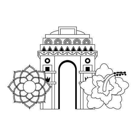 indian building monuments with gateway of india and lotus flower icon cartoon vector illustration graphic designのイラスト素材