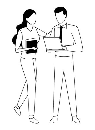 Business partners working with office documents and laptops in black and white isolated faceless avatar vector illustration graphic designのイラスト素材
