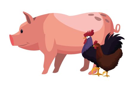 farm, animals and farmer pig, rooster and hen icon cartoon vector illustration graphic designのイラスト素材