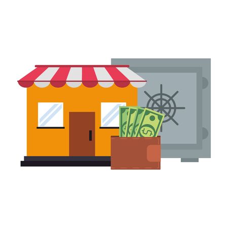 Store shop with strongbox and wallet with money symbols vector illustration graphic designのイラスト素材
