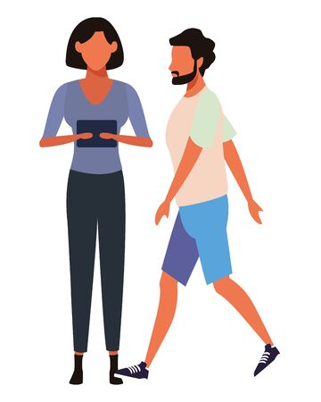 love couple with technology device cartoon vector illustration graphic designのイラスト素材