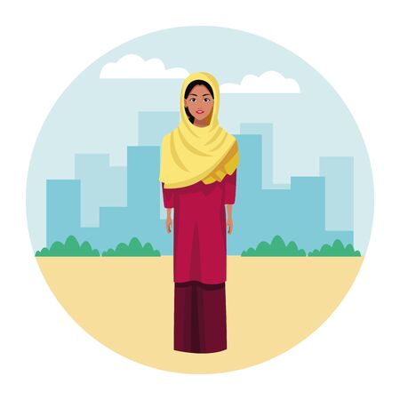 indian woman with hiyab wearing traditional hindu clothes profile picture avatar cartoon character portrait over the sandのイラスト素材