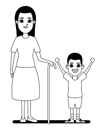 family avatar grandmother with cane next to afroamerican boy profile picture cartoon character portrait in black and white vector illustration graphic designのイラスト素材