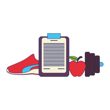 fitness equipment workout health and logbook apple with tennis and scale symbols vector illustration graphic designのイラスト素材