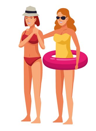 Young women friends in summer with swimsuits with sunglasses and floatのイラスト素材