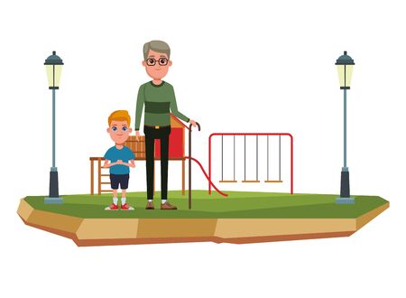 family avatar grandfather with glasses and cane next to a child profile picture cartoon character portrait outdoor over the grass in the playground with slide, swing and street lamps vector illustration graphic designのイラスト素材