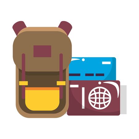 trip around the world symbols with backpack passport and travel itinerary isolated symbol Vector design illustrationのイラスト素材