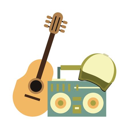 accessories for summer days symbols with acoustic guitar stereo and cap isolated Vector design illustrationのイラスト素材