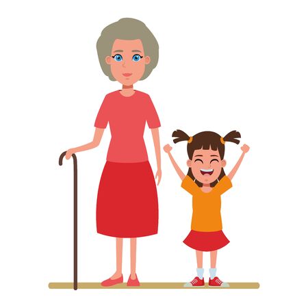 family avatar grandmother with cane next to a child profile picture cartoon character portrait vector illustration graphic designのイラスト素材
