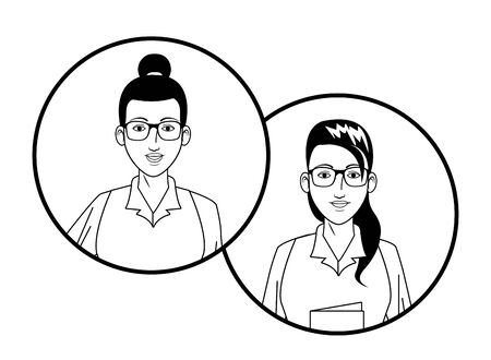 two businesswomen wearing glasses with bun avatar cartoon character profile picture portrait in round icons black and white vector illustration graphic designのイラスト素材