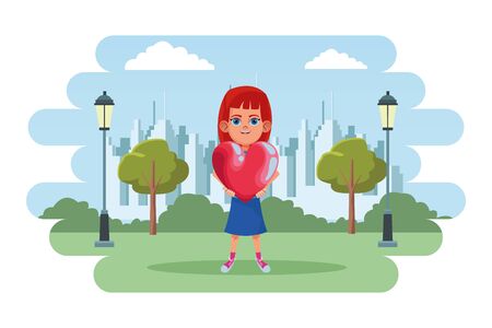 little kid girl carrying a big heart avatar cartoon character portrait in the park with citylandscapeのイラスト素材