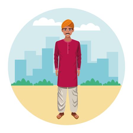 indian man with moustache and turban wearing traditional hindu clothes profile picture avatar cartoon character portrait over theのイラスト素材