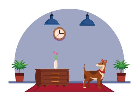 domestic animals and pet with dog over a carpet and next to a chest of drawer with flower vase chest of drawers, hanging lamp, clock and plant pot icon cartoon vector illustration graphic designのイラスト素材