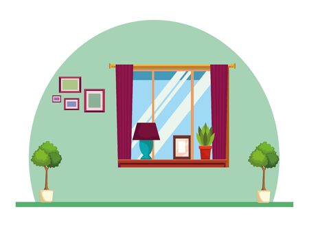 House window with light lamp picture and plant pot on shelf home building interior scenery ,vector illustration graphic design.のイラスト素材