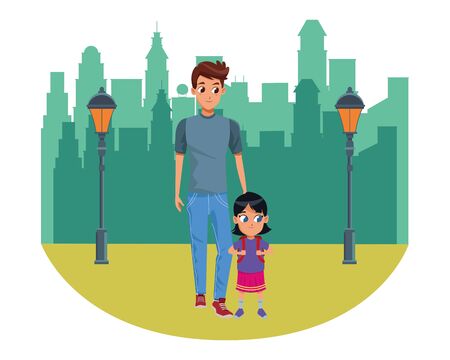 Family single father with kid holding school backpack in the city park scenery background vector illustration graphic designのイラスト素材