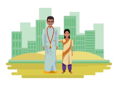 indian family man with moustache, glasses and a big necklace next to young girl with sari and bindi wearing traditional hindu clothes profile picture avatar cartoon character portrait outdoor over the sand in the desert and cityscape with skyscraper vector illustration graphic designのイラスト素材