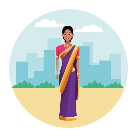 indian woman with necklace wearing traditional hindu clothes profile picture avatar cartoon character portrait over the sandのイラスト素材