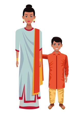 indian family woman with sari and big earrings next to young boy wearing traditional hindu clothes profile picture avatar cartoon character portrait vector illustration graphic designのイラスト素材