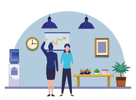 business people businesswoman back view pointing a data chart avatar cartoon character indoor with hanging lamps, water dispenser, plant pot and little table vector illustration graphic designのイラスト素材