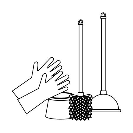 Cleaning equipment and products gloves with toilet brush and pump vector illustration graphic design.のイラスト素材
