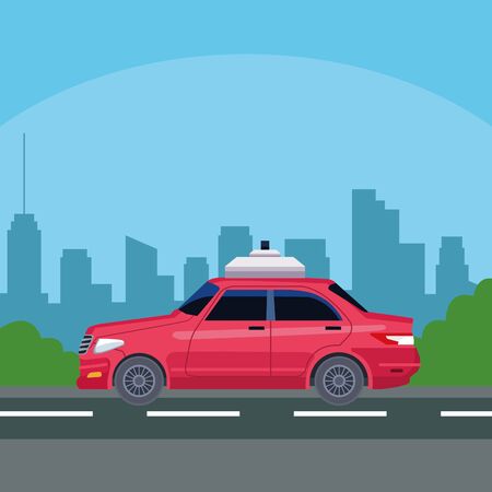 car over street in cityscape silhouette icon cartoon vector illustration graphic designのイラスト素材