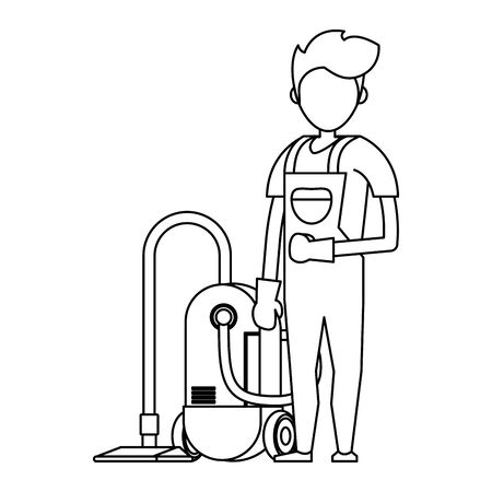 Cleaner worker man smiling with cleaning products and equipment vector illustration graphic design.のイラスト素材