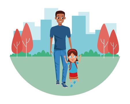 Family single father with kid holding school backpack in the city park scenery ,vector illustration.のイラスト素材