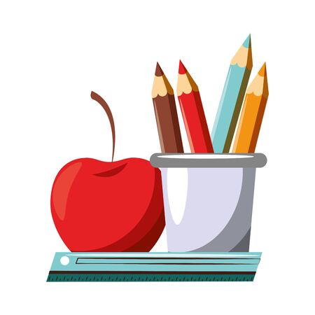 Back to school utensils pens in cup with apple and ruler cartoons vector illustration graphic designのイラスト素材