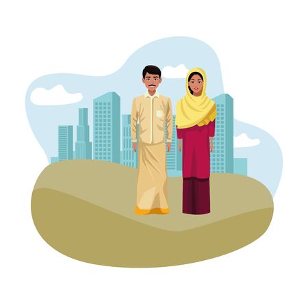 indian couple wearing traditional hindu clothes man with moustache and woman wearing hiyab profile picture avatarのイラスト素材