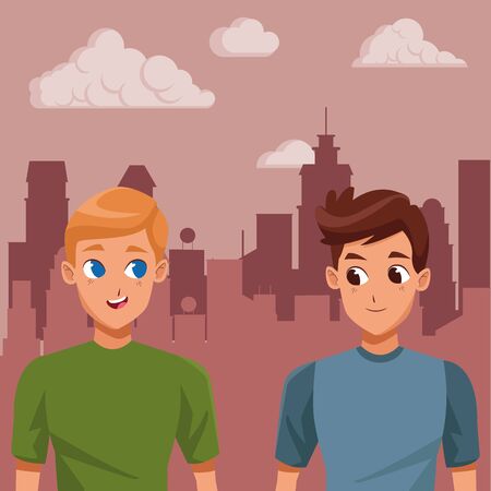Young male couple smiiling and walking cartoon in the city urban background ,vector illustration.のイラスト素材