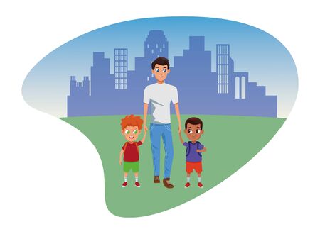 Family single father with kids holding school backpack in the city park scenery background ,vector illustration.のイラスト素材