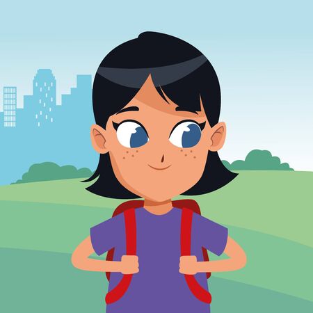 adorable cute young girl face with black hair happy childhood cartoon in the city park, nature and urban scenery ,vector illustration graphic design.のイラスト素材
