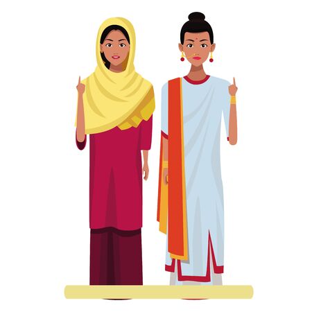 two indian women wearing traditional hindu clothes woman with sari and jewelry woman with sari and hiyab profile picture avatarのイラスト素材
