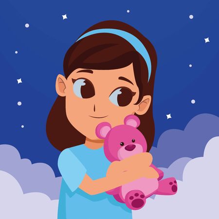 girl having fun and playing with purple teddy bear on sky night with stars and clouds background ,vector illustration graphic design.のイラスト素材