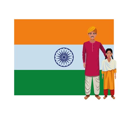 indian family man with moustache and turban young girl with sari and big indian flag behind profile picture avatar cartoon character portrait vector illustration graphic designのイラスト素材