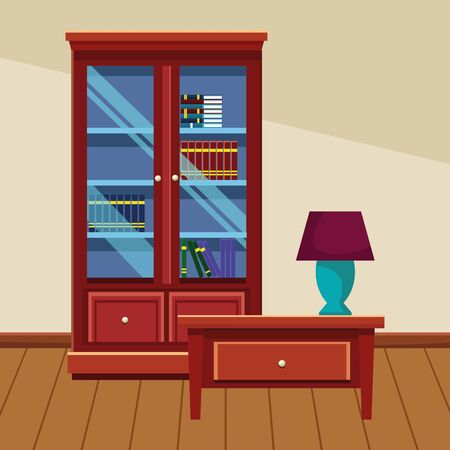 House wooden library and light lamp on drawer home building interior scenery with wooden floor ,vector illustration graphic design.のイラスト素材