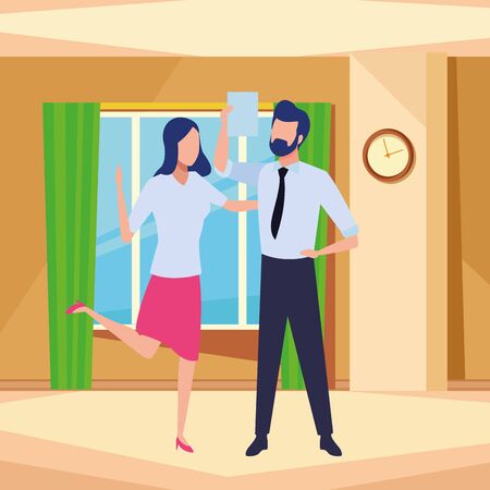 Businessman and businesswoman working and talking with office documents inside office with windows and clock scenery, vector illustrationのイラスト素材