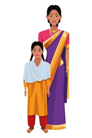 indian family woman with sari and jewelry young girl with sari profile picture avatar cartoon character portrait vector illustration graphic designのイラスト素材