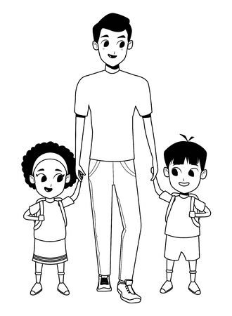 Family single father with kids holding school backpack vector illustration graphic designのイラスト素材