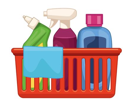 cleaning and hygiene equipment liquid soap, spray cleaner, cleaning shampoo into a cleanliness basket with a cloth icon cartoon vector illustration graphic designのイラスト素材