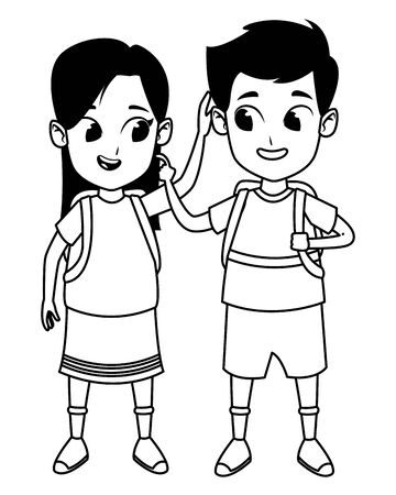 adorable cute children, girl with a boy school students wearing backpack happy childhood cartoon vector illustration graphic designのイラスト素材