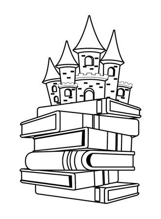 fantasy book with stories character showing some stacked books with a castle on top in black and white vector illustration graphic designのイラスト素材